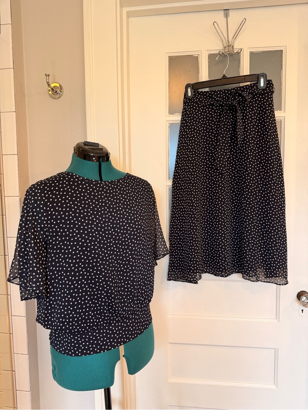 Ann Taylor Factory Black and White Polka Dot Midi Skirt with Tie Waist